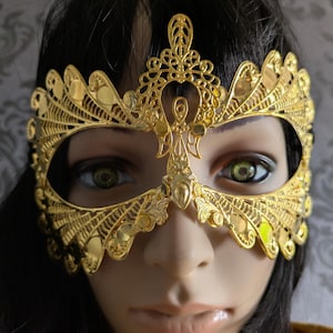 Gold winged face mask, festival mask, masquerade ball accessory, modern venitian metal mask, steampunk cosplay mask, gothic face piece