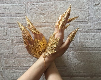 Zwei Handpanzerhandschuhe und 10 Fingerpanzer, bewegliche Fingerringe, Nagelkrallen, Goldmetall (Komplettset)