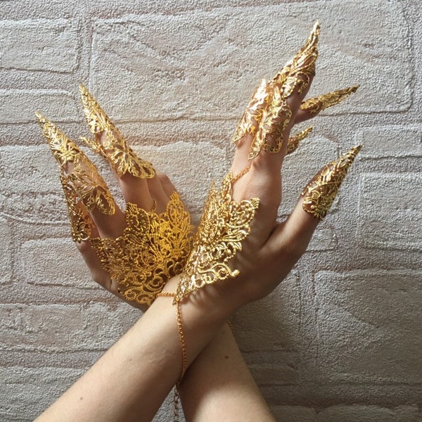 Two gloves armor jewels, hand armor & 10 finger armors, articulated rings with nails claw finger rings set gold