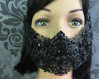 Black metal and rhinestone half mask, baroque mask, mute mouth mask goth pattern + matching helmet