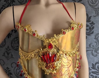 Corsé de metal dorado, armadura de la parte superior del cuerpo para el pecho y el busto de mujer, disfraz de guerrera, Art Nouveau, poderoso atuendo de diosa dorada, ¡atuendo para el día de San Valentín!