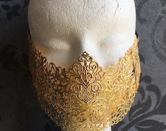 Half metal mask, cage mask, lower face mask, mute metal lace mask: gold or silver