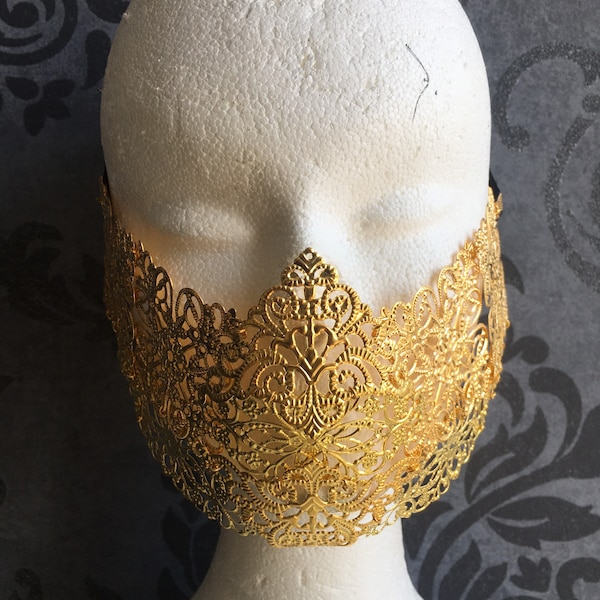Half metal mask, cage mask, lower face mask, mute metal lace mask: gold or silver