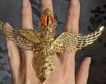 Biblically accurate angel: winged eye finger armor ring gold, angel winged ring seraphim