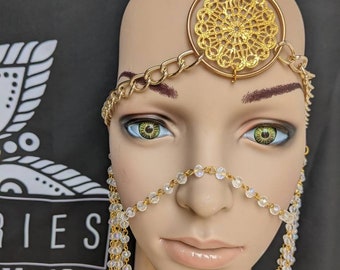 Beaded veil faerie,elf face head chain, dripping crystal headpiece, delicate hair head chain, ethnic face harness, forehead jewel