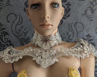 Shoulder Armor, Choker Necklace armor, silver Pauldron, Metal Lace Throat, Chest chain Jewel, Neck armor, elfic jewel, festival armor