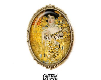 Pinned brooch Portrait of Adèle cabochon silver metal painting Gustav Klimt art