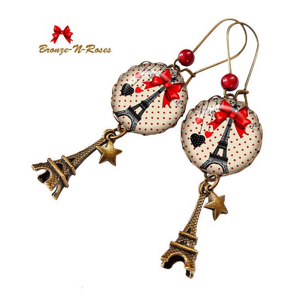 Boucles d'oreilles Paris guinguette tour Eiffel rétro noeud rouge france bijou bracelet collier