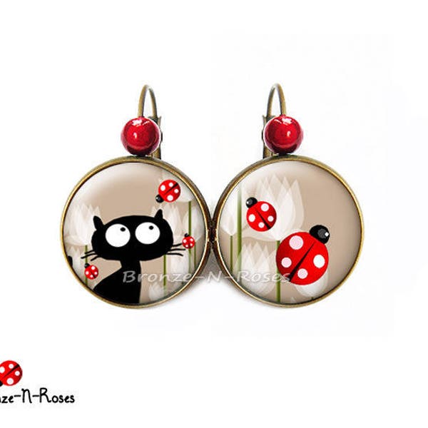 Boucles d'oreilles Chat noir jolies Coccinelles rouges cabochon dormeuses bronze-n-roses