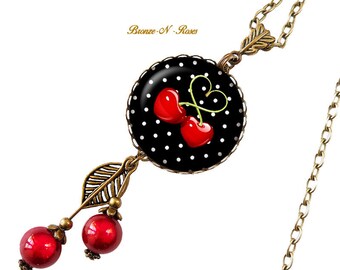 Cherry cabochon necklace bronze Heart Necklace red black dots