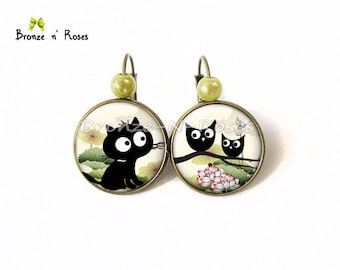 Ohrringe Kleine schwarze Katze und Eulen aus Bronze als Geschenk für Mädchen
