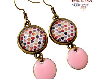 boucles d'oreilles pois rose sequin bijou cadeau femme cabochon bronze-n-roses