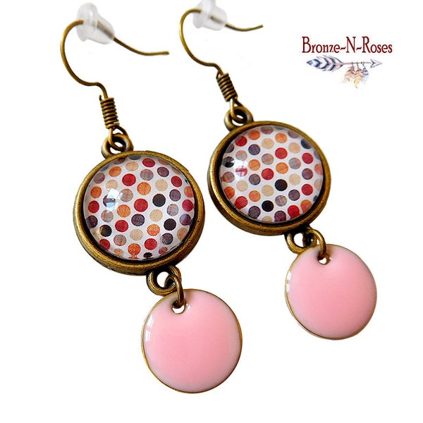 boucles d'oreilles pois rose sequin bijou cadeau femme cabochon bronze-n-roses