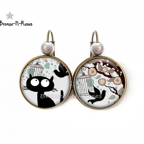 Boucles d'oreilles Chat noir et l'oiseau bronze-n-roses parure collier bracelet