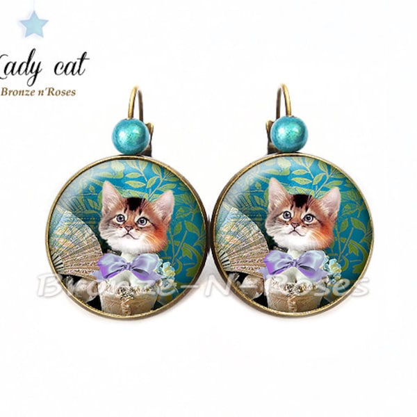 Boucles d'oreilles Chat cabochon bijou cadeau fille noël