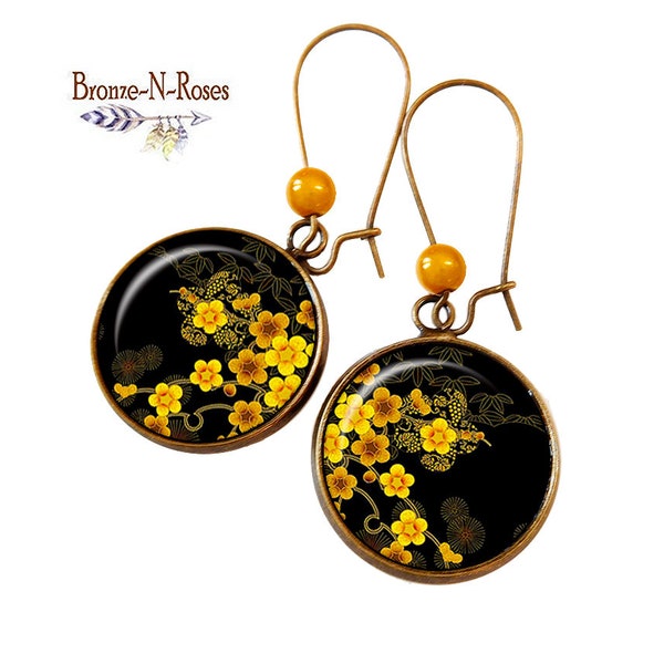 Boucles d'oreilles sakura fleurs jaunes noir Japon Asie cadeau bijou