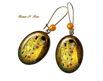 Boucles d'oreilles Gustav Klimt le baiser peinture retro vintage tableau jaune verre