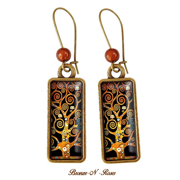 Boucles d'oreilles rectangulaire Arbre de vie Gustav Klimt peinture retro tableau rectangle