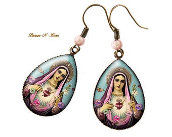 Boucles d'oreilles gouttes * la vierge marie aux fleurs * cabochon bronze vintage collier