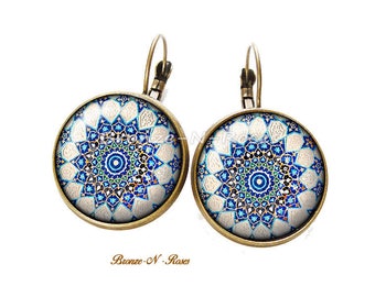 Boucles d'oreilles Mosaïque arabo andalouse cabochon bronze bleu dormeuses