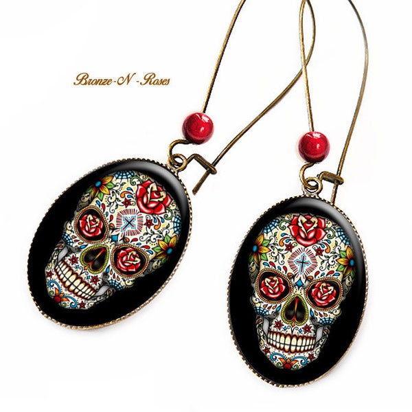 Boucles d'oreilles Skull bijou fantaisie cadeau tête de mort fleurs mexicain halloween