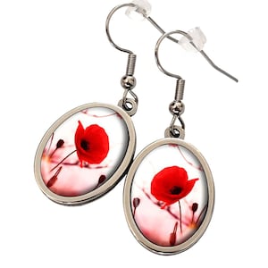 Pretty red poppy cabochon stainless steel earrings