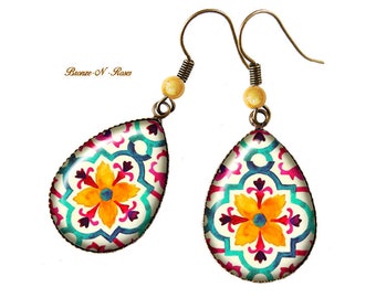 Boucles d'oreille gouttes mosaïques Orientales cabochon modèles au choix