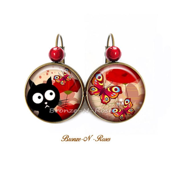 Boucles d'oreilles chat noir papillon rouge cabochon verre dormeuses