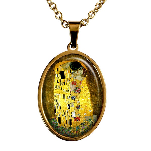 Collier Gustav Klimt le Baiser peinture art cabochon bijou fantaisie jaune tabeau