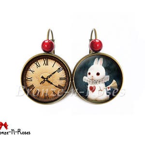 White Rabbit earrings Alice in Wonderland cabochon red heart sleepers BOUCLES / EARRINGS