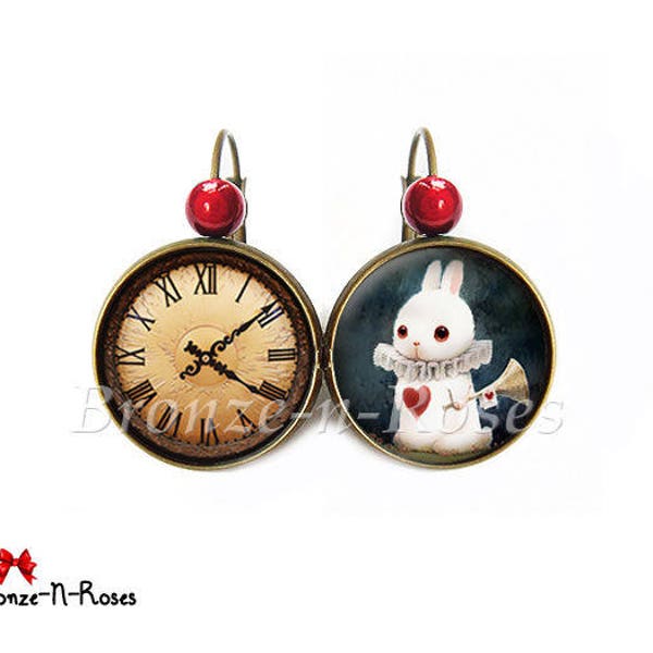 Boucles d'oreilles Lapin blanc Alice au pays des merveilles cabochon coeur rouge dormeuses