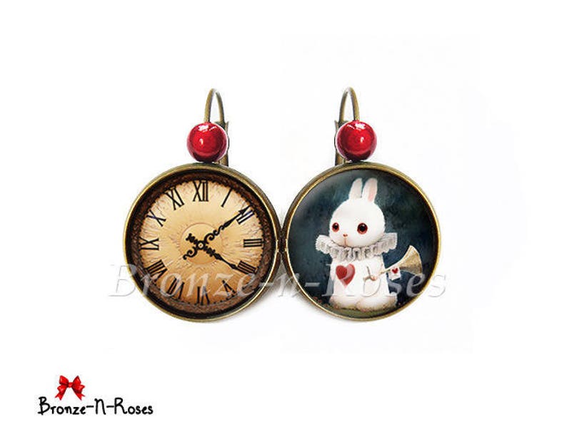 White Rabbit earrings Alice in Wonderland cabochon red heart sleepers BOUCLES / EARRINGS