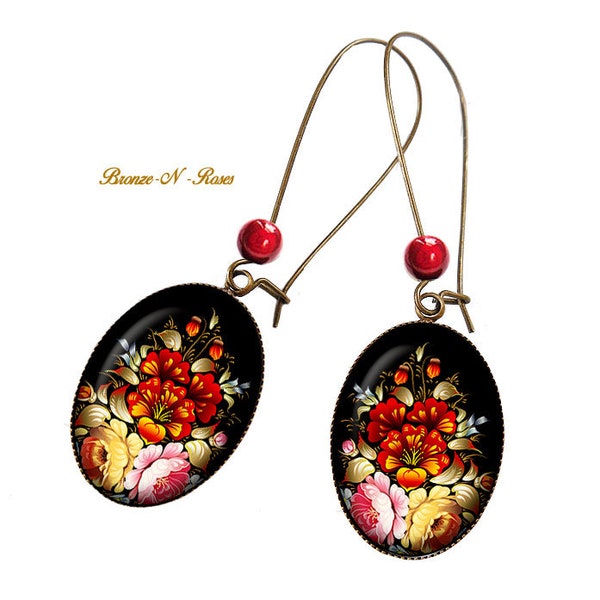 boucles d'oreille bouquet de roses fleurs pendants bronze-n-roses