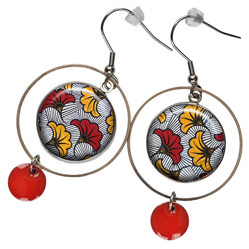 Boucles d'oreilles wax jaune et gris bijou femme cabochon Afrique ethnique créoles Acier inoxydable