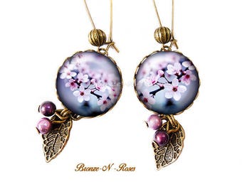 Boucles d'oreilles Sakura Nature cabochon bronze fleur de cerisier violet mauve Japon