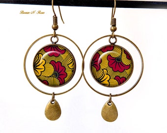 Boucles d'oreilles wax jaune moutarde et bordeaux bijou femme cabochon Afrique ethnique créoles