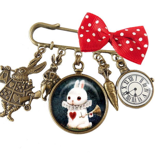 Broche épingle Lapin blanc Alice au pays des merveilles bijou cabochon cadeau noël