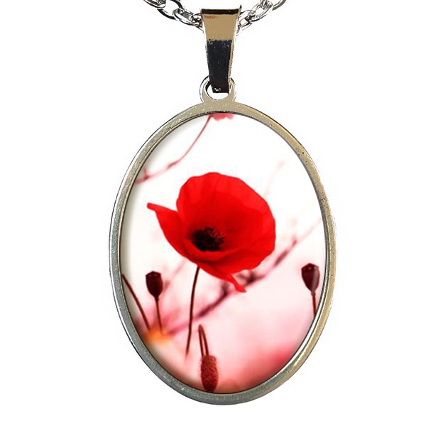 Collier coquelicot cabochon rouge fleurs bijou fantaisie