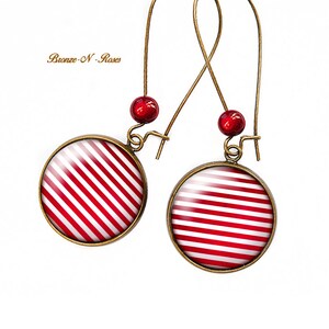 Earrings Marinière bronze cabochon stripes blue white glass dormers BOUCLES ROUGES