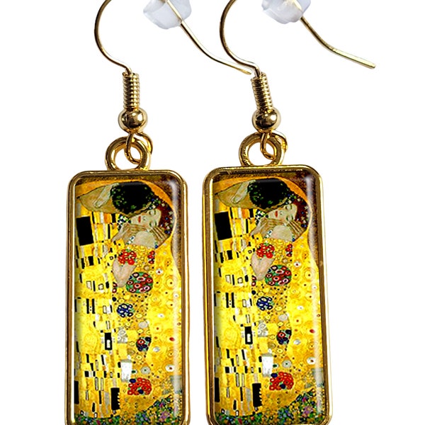 Boucles d'oreilles rectangulaire le baiser de gustav Klimt couleur argent rectangle