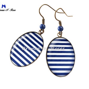 Earrings Marinière bronze cabochon stripes blue white glass dormers PENDANTS