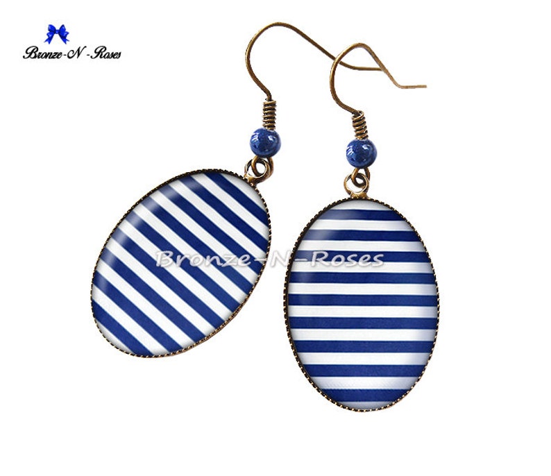 Boucles d'oreilles Marinière bronze cabochon rayures bleues blanches verre dormeuses PENDANTS