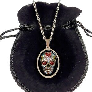 Collier Skull bijou cadeau tête de mort fleurs mexicain Halloween noir image 4