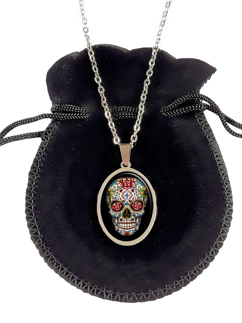 Collier Skull bijou cadeau tête de mort fleurs mexicain Halloween noir image 4