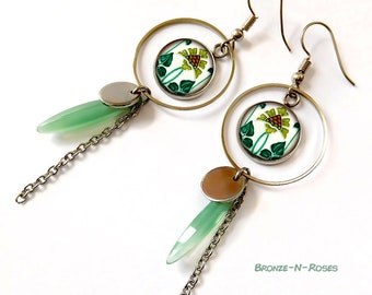 Jugendstil Ohrringe Deko Blumen Wasser grünes Juwel Halskette Cabochon