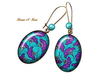 Boucles d'oreilles wax turquoise et violet bijou femme cabochon Afrique ethnique bleu