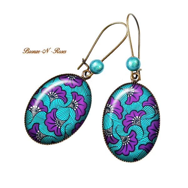 Boucles d'oreilles wax turquoise et violet bijou femme cabochon Afrique ethnique bleu
