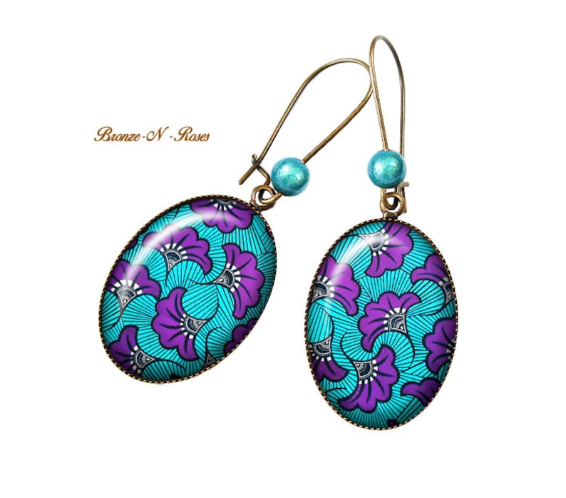 Boucles d'oreilles wax turquoise et violet bijou femme cabochon Afrique ethnique bleu image 1