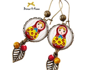 Folk matryoshka flower earrings Russian doll