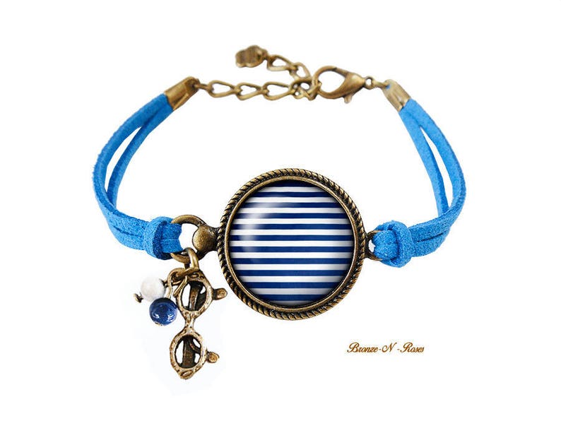 Earrings Marinière bronze cabochon stripes blue white glass dormers BRACELET